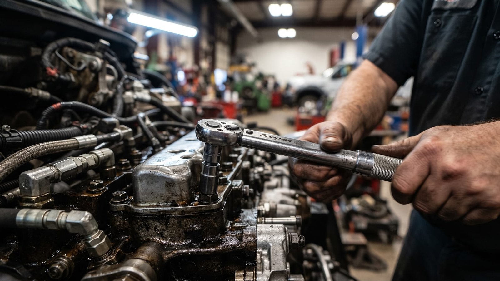 Diesel technician torquing a cylinder head fastener to specification with a calibrated torque wrench